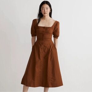 Madewell brown midi dress puff sleeves